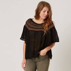 Free People Sheer Black Fair Isle Flutter Sleeve Off the Shoulder Sweater Top XS